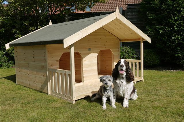 Double doghouse built from recycled materials