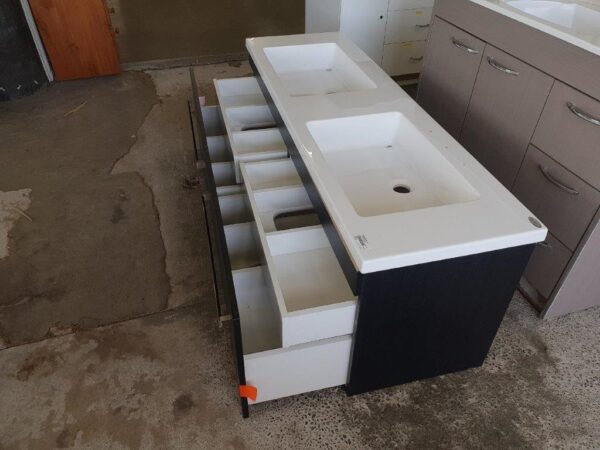 90829 Woodgrain Dual Sink Vanity opened drawers internal drawers visible