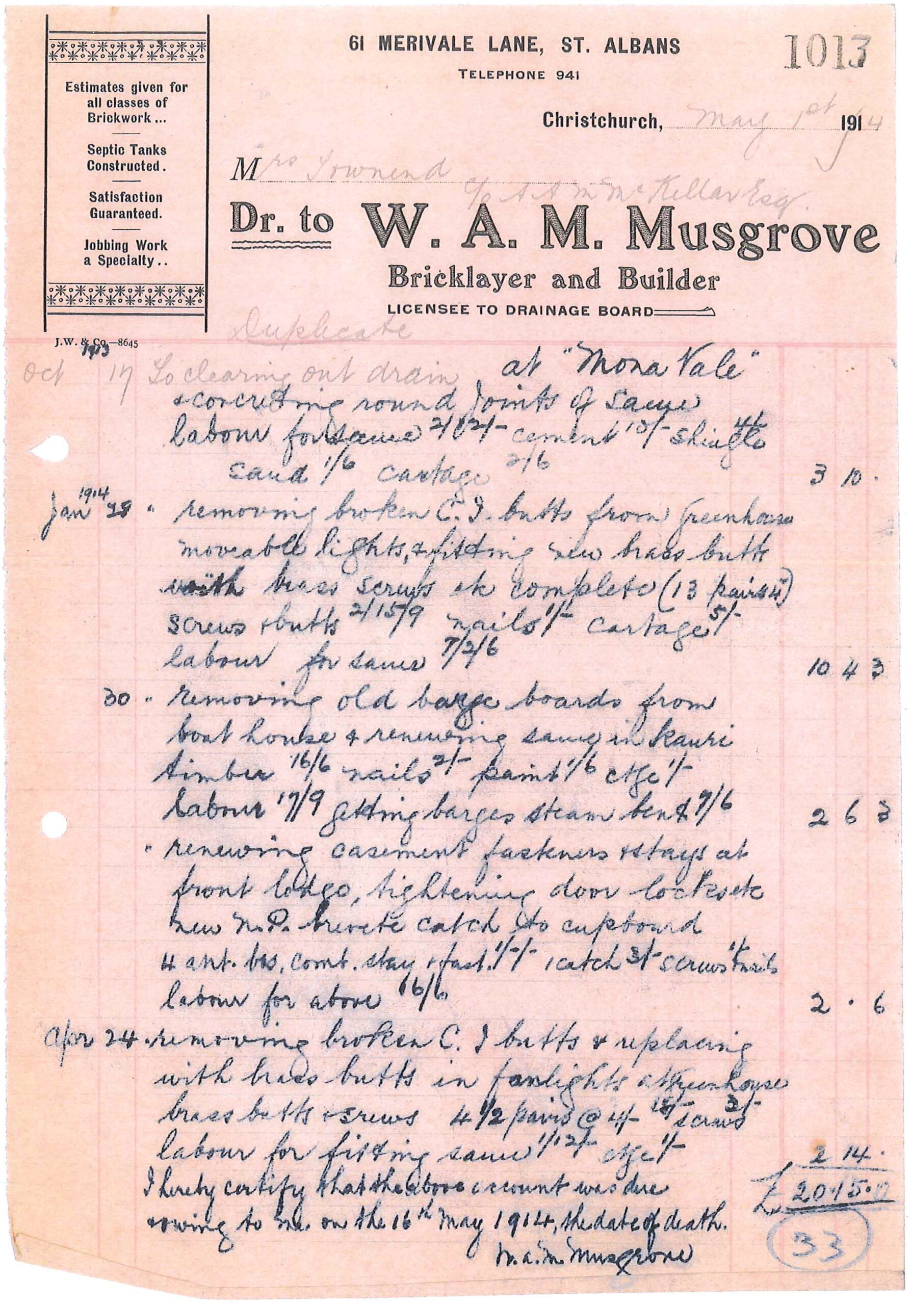 Invoice to Mrs Townend from W.A.M. Musgrove, Bricklayer and Builder