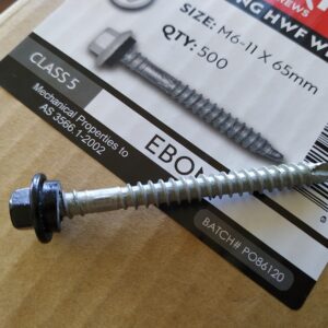 102075-Ebony Screws Rooffast New Ebony 6mm x 65mm Rooffast Hex W/F Neo Dual Point Screw (500)