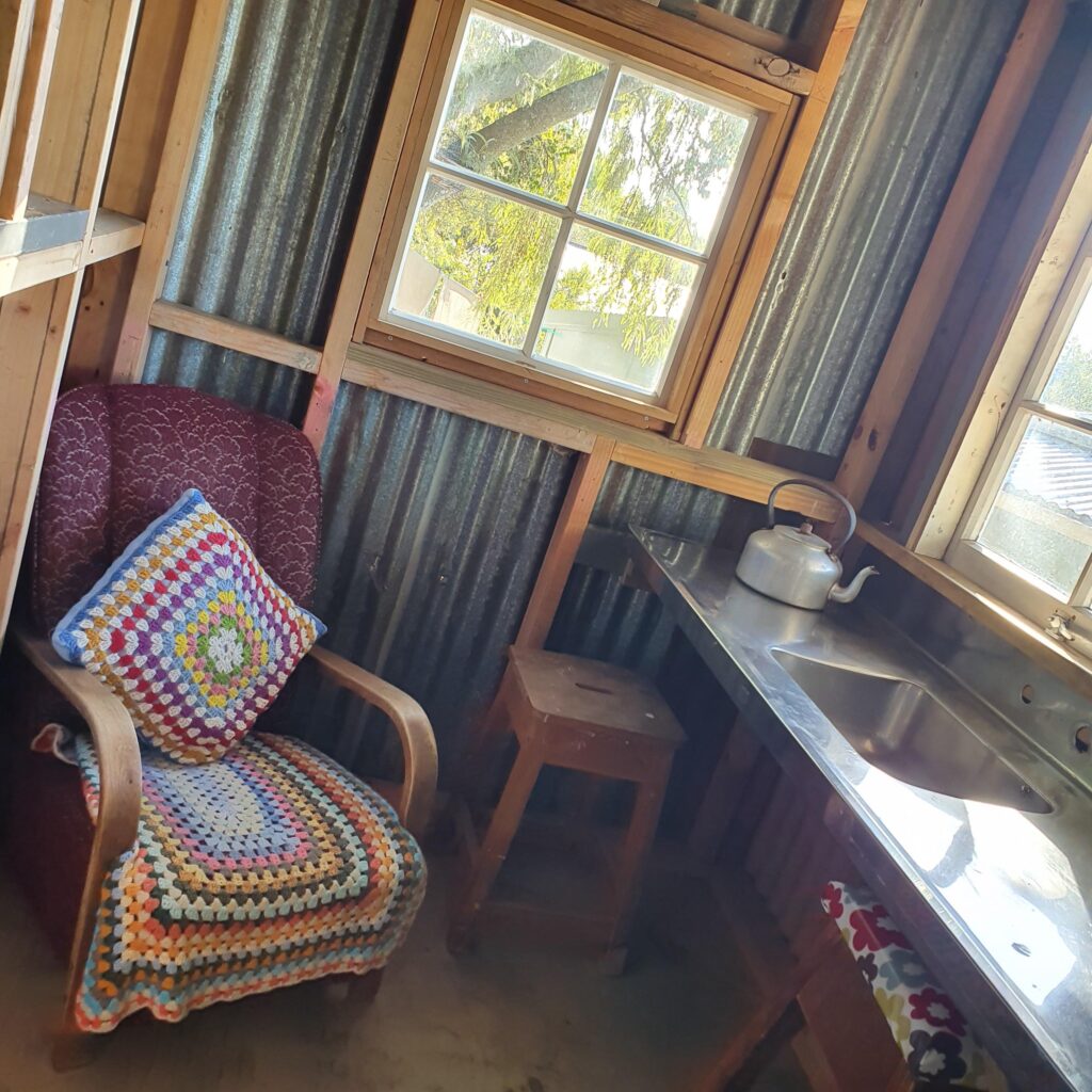 Recycled garden shed with dog on deck