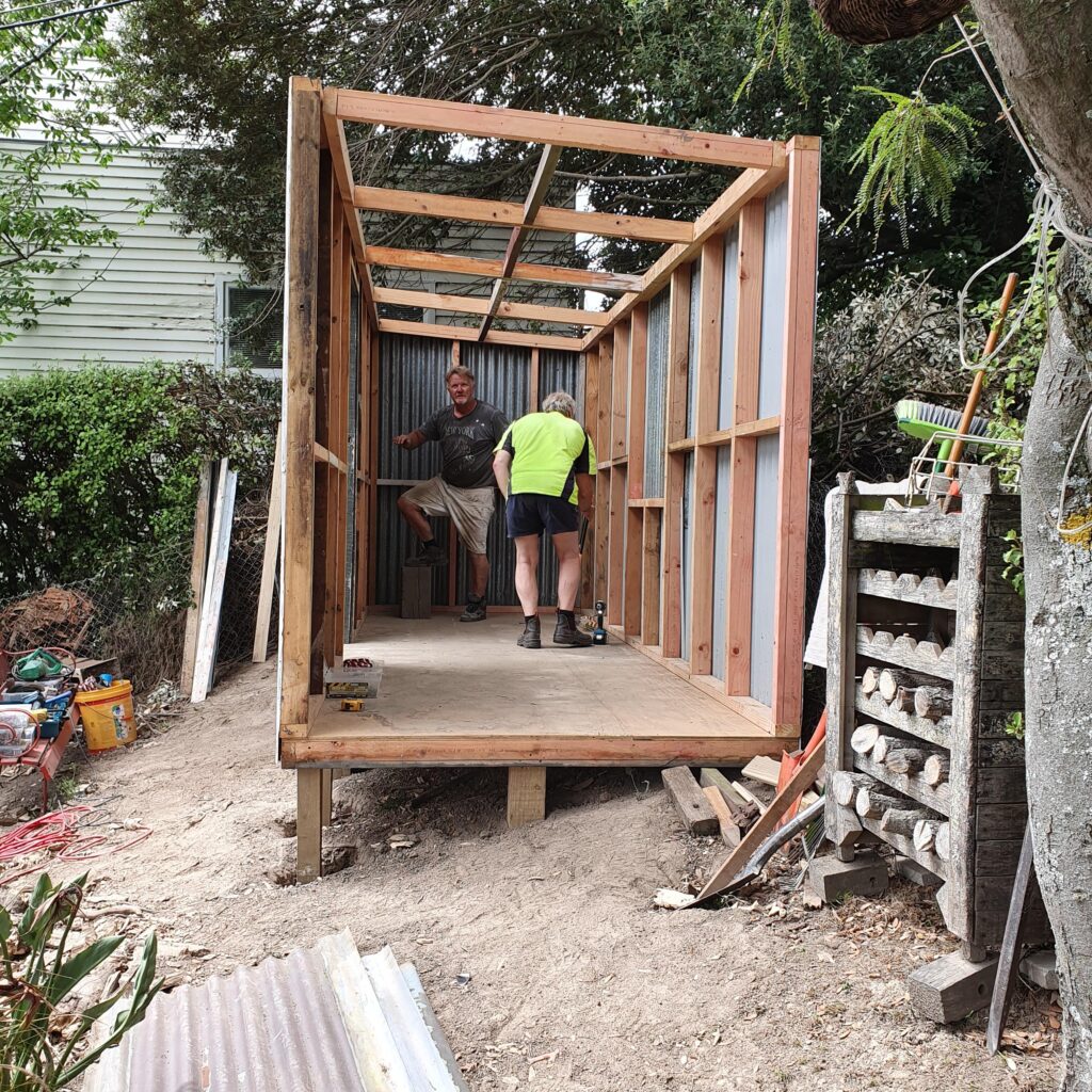 Recycled garden shed with dog on deck