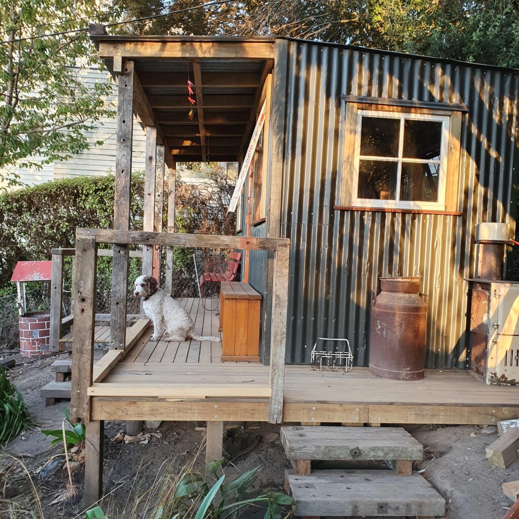 Recycled garden shed with dog on deck