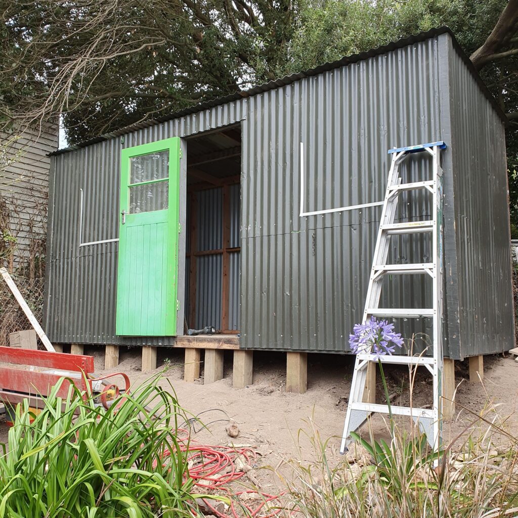 Recycled garden shed with dog on deck